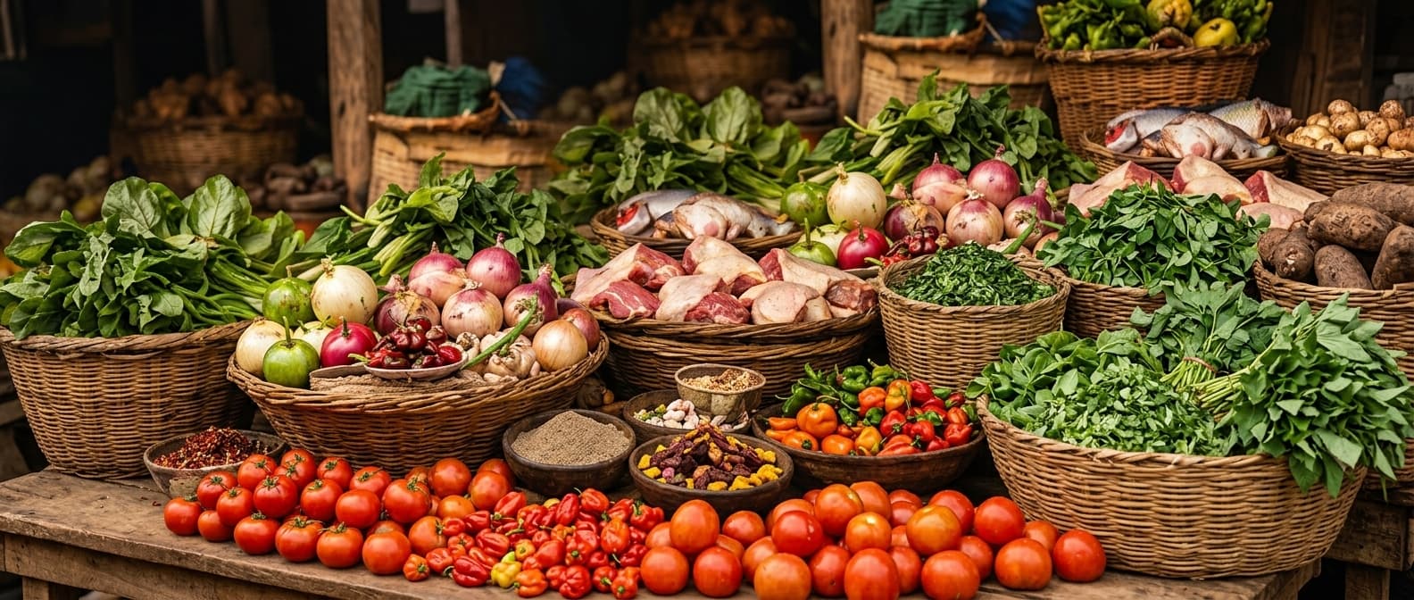 A traditional African market table loaded with fresh vegetables, leaves, meat, fish, onions, peppers and tomatoes