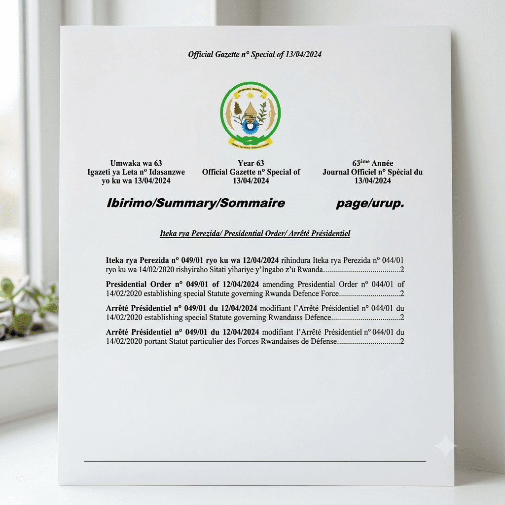 Rwanda Presidential Order No. 049/01 of 12 April 2024 Amending Presidential Order No. 044/01 of 14 February 2020 Establishing the Special Statute Governing the Rwanda Defence Force