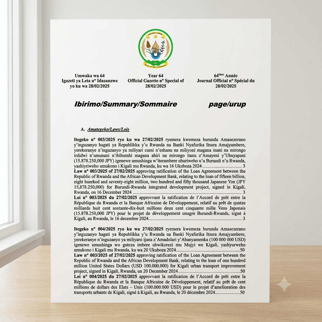 Rwanda Presidential Order No. 005/01 of 27 February 2025 on the Kigali Urban Transport Improvement Project