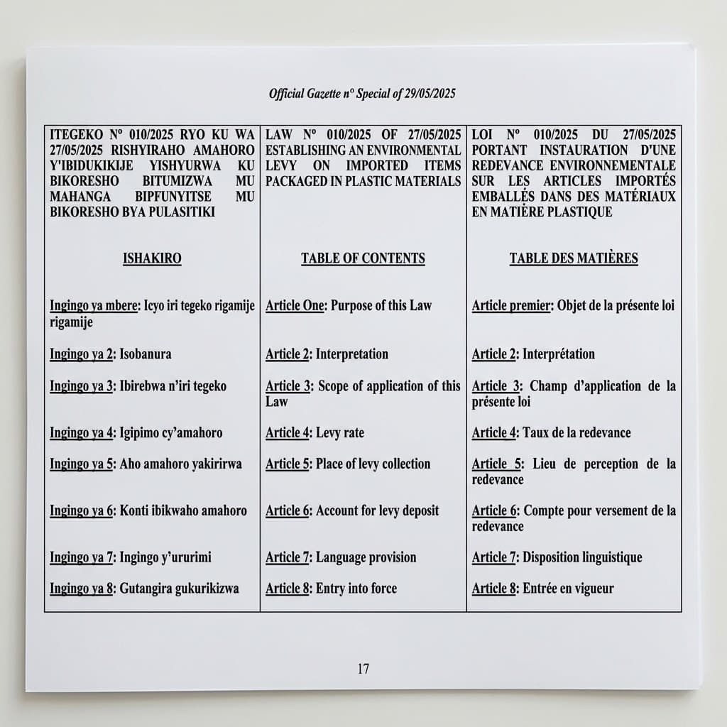 Law No. 010/2025 — Environmental Levy on Imported Plastic-Packaged Items