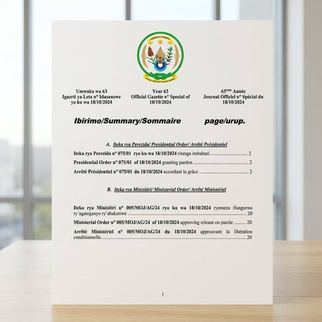 Rwanda Presidential Order No. 075/01 of 18 October 2024 Granting Pardon