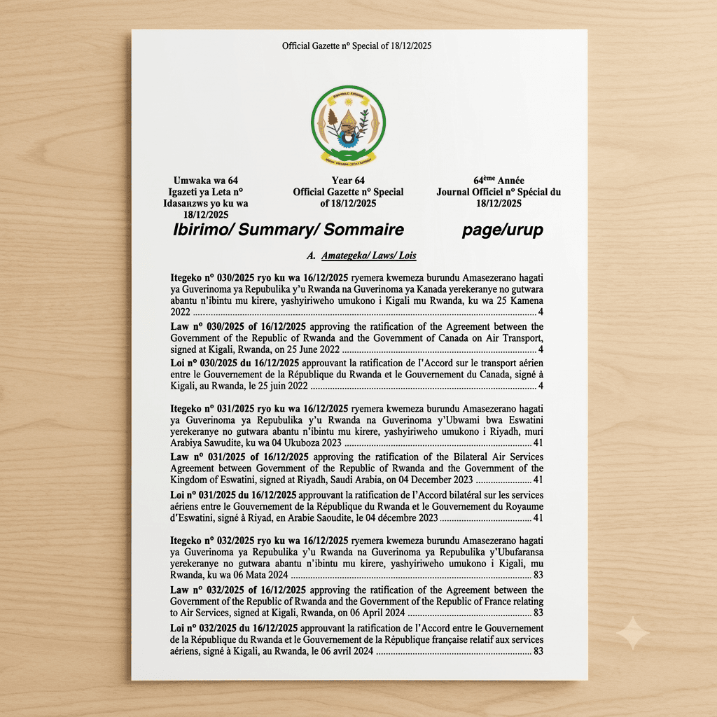 Law No. 031/2025 Approving Rwanda–Eswatini Air Services Agreement