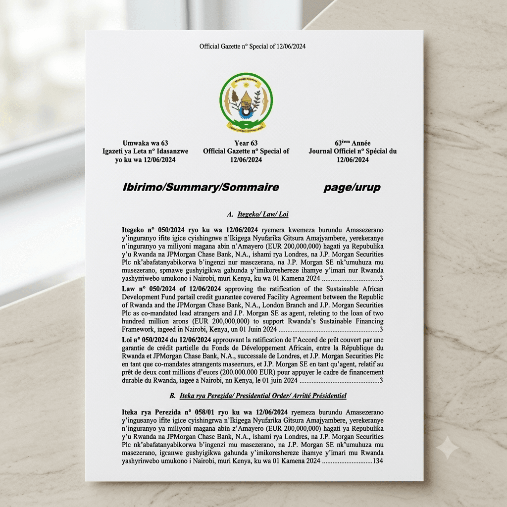 Rwanda Presidential Order No. 058/01 of 12 June 2024 Ratifying the Facility Agreement for Rwanda’s Sustainable Financing Framework