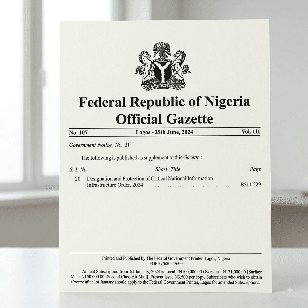 Nigeria's Official Gazette on Designation and Protection of Critical National Information Infrastructure Order, 2024. No. 107, Vol. 111