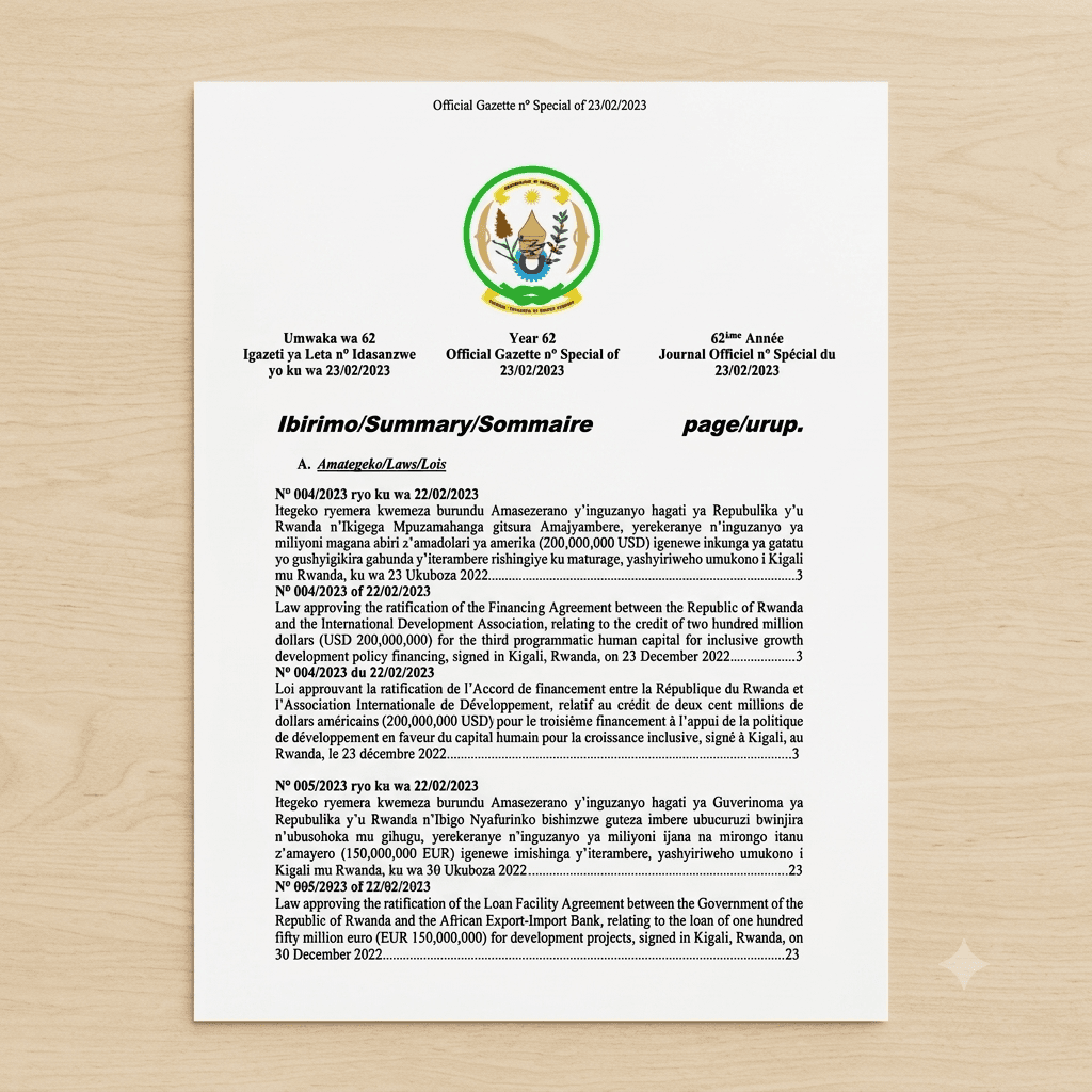 Rwanda Law No. 067/2024 of 26 June 2024 Approving Ratification of the Financing Agreement for the Rwanda Emergency Connectivity Restoration Project