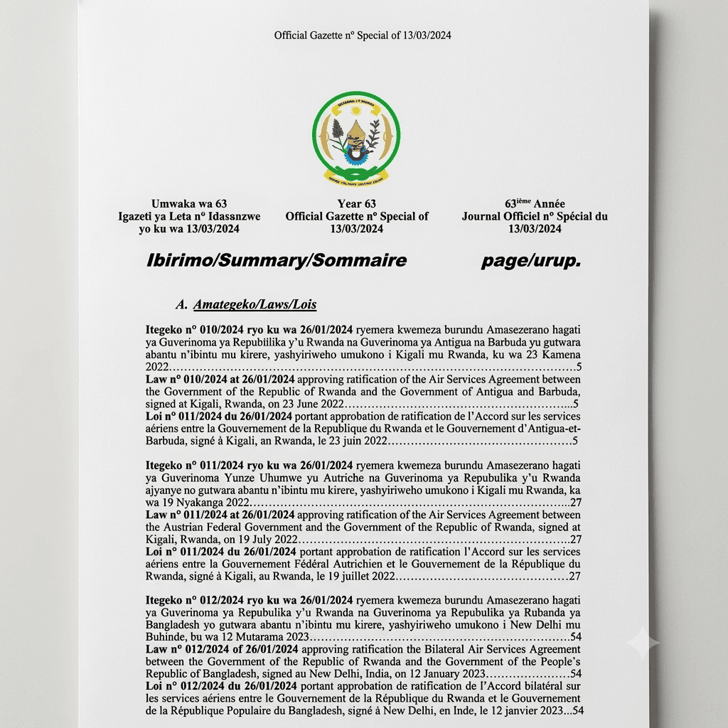 Rwanda Presidential Order No. 007/01 of 26 January 2024 Ratifying the Bilateral Air Services Agreement between Rwanda and Bangladesh