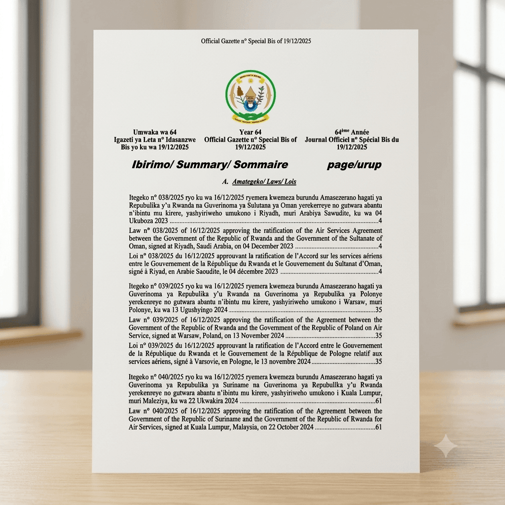 Law No. 038/2025 Approving Rwanda–Oman Air Services Agreement