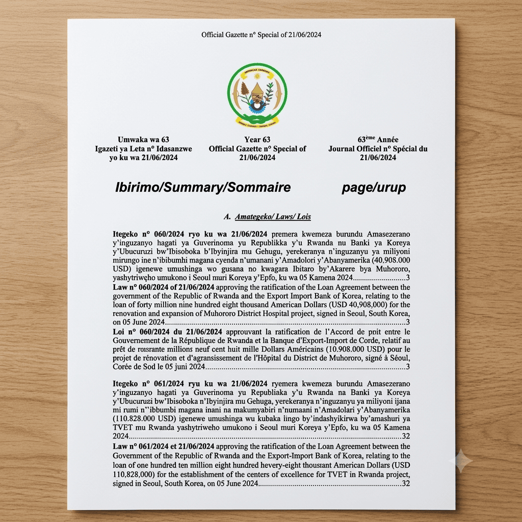 Rwanda Presidential Order No. 061/01 of 21 June 2024 Ratifying the Loan Agreement for Centers of Excellence for TVET in Rwanda