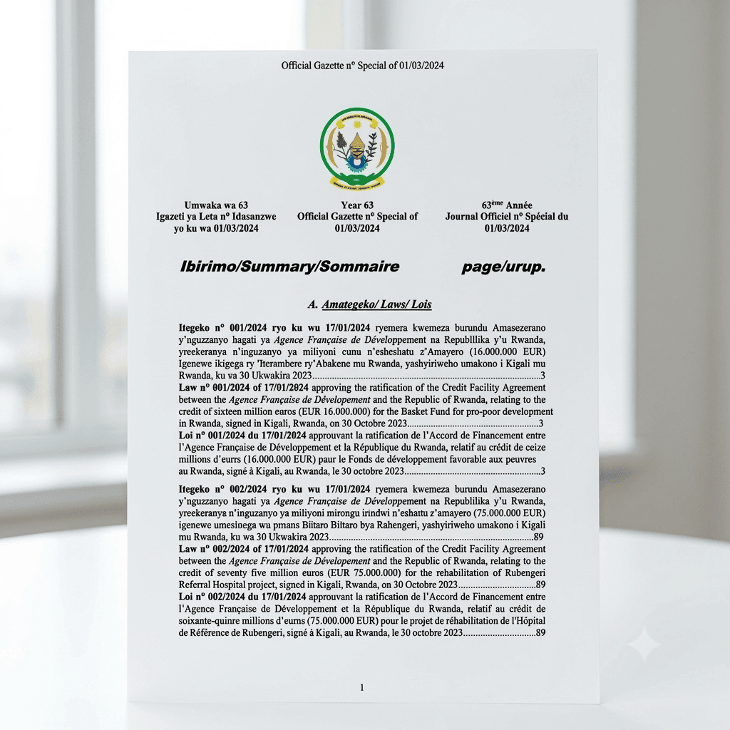 Rwanda Presidential Order No. 002/01 of 22 January 2024 Ratifying the Credit Facility Agreement for the Rehabilitation of Ruhengeri Referral Hospital Project