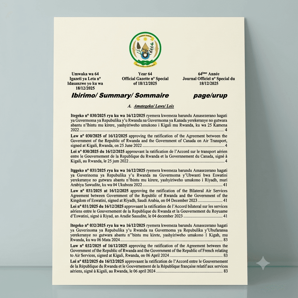 Law No. 032/2025 Approving Rwanda–France Air Services Agreement