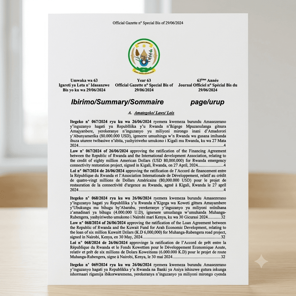 Rwanda Presidential Order No. 062/01 of 26 June 2024 Ratifying the Financing Agreement for the Rwanda Emergency Connectivity Restoration Project