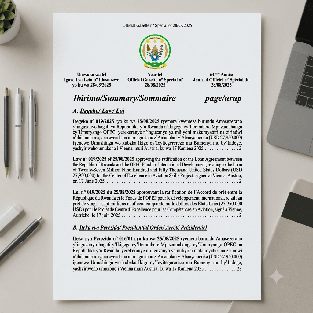 Rwanda Presidential Order No. 016/01 of 25 August 2025 on the Center of Excellence in Aviation Skills Project