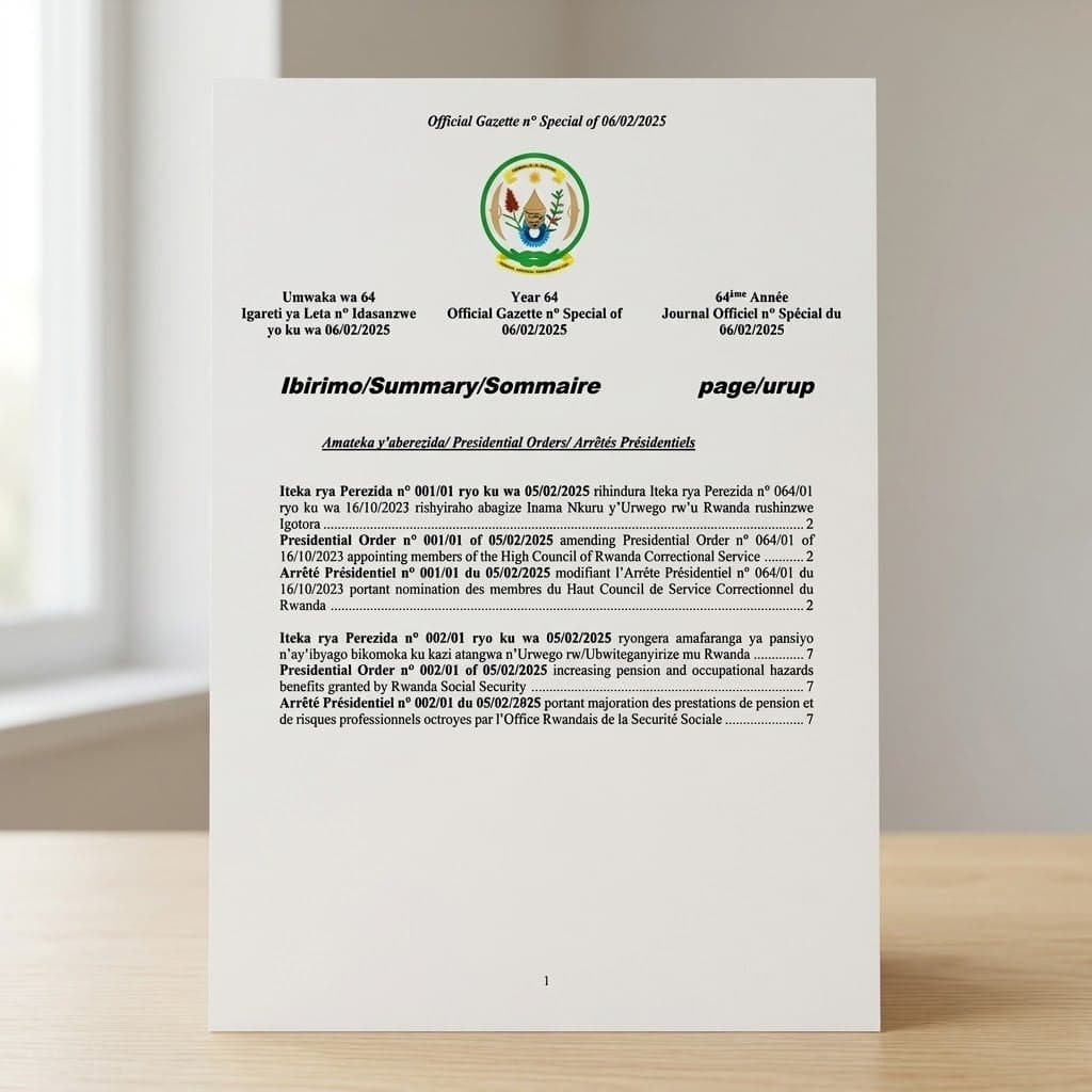 Rwanda Presidential Order No. 002/01 of 5 February 2025 Increasing Pension and Occupational Hazards Benefits