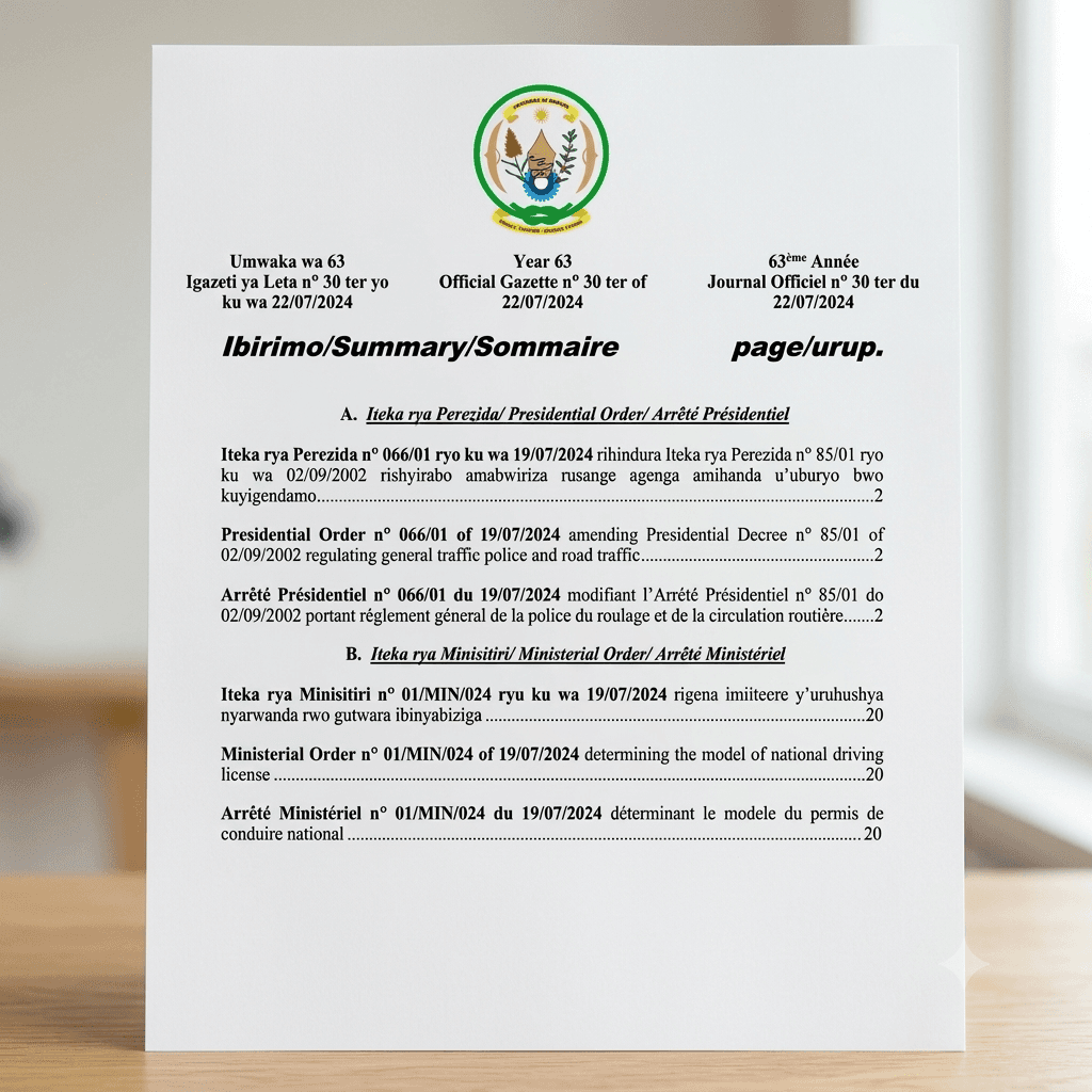 Rwanda Presidential Order No. 066/01 of 19 July 2024 Amending the Presidential Decree Regulating General Traffic Police and Road Traffic