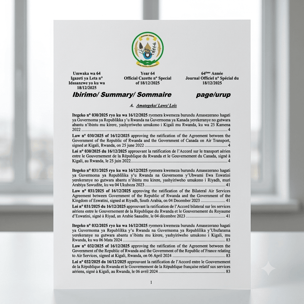 Law No. 030/2025 Approving Rwanda–Canada Air Transport Agreement