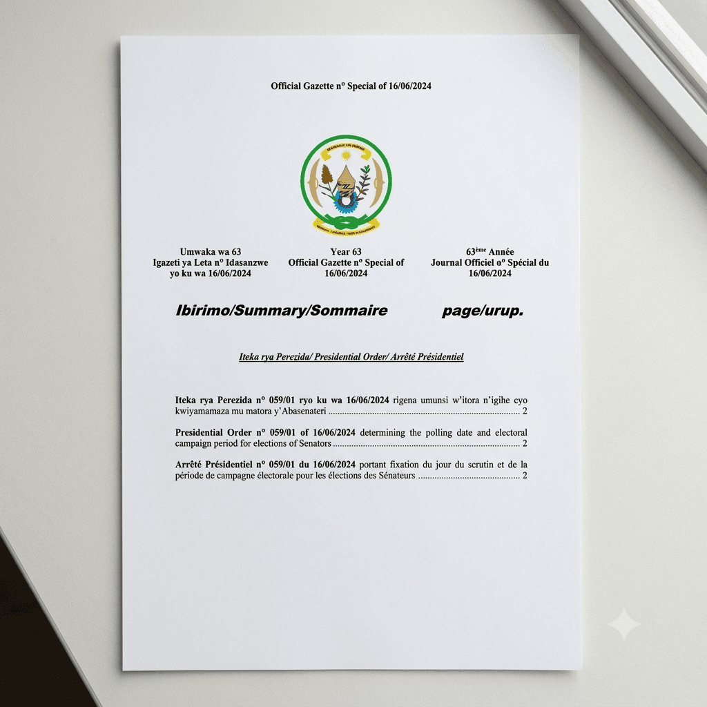 Rwanda Presidential Order No. 059/01 of 16 June 2024 Determining the Polling Date and Electoral Campaign Period for Elections of Senators
