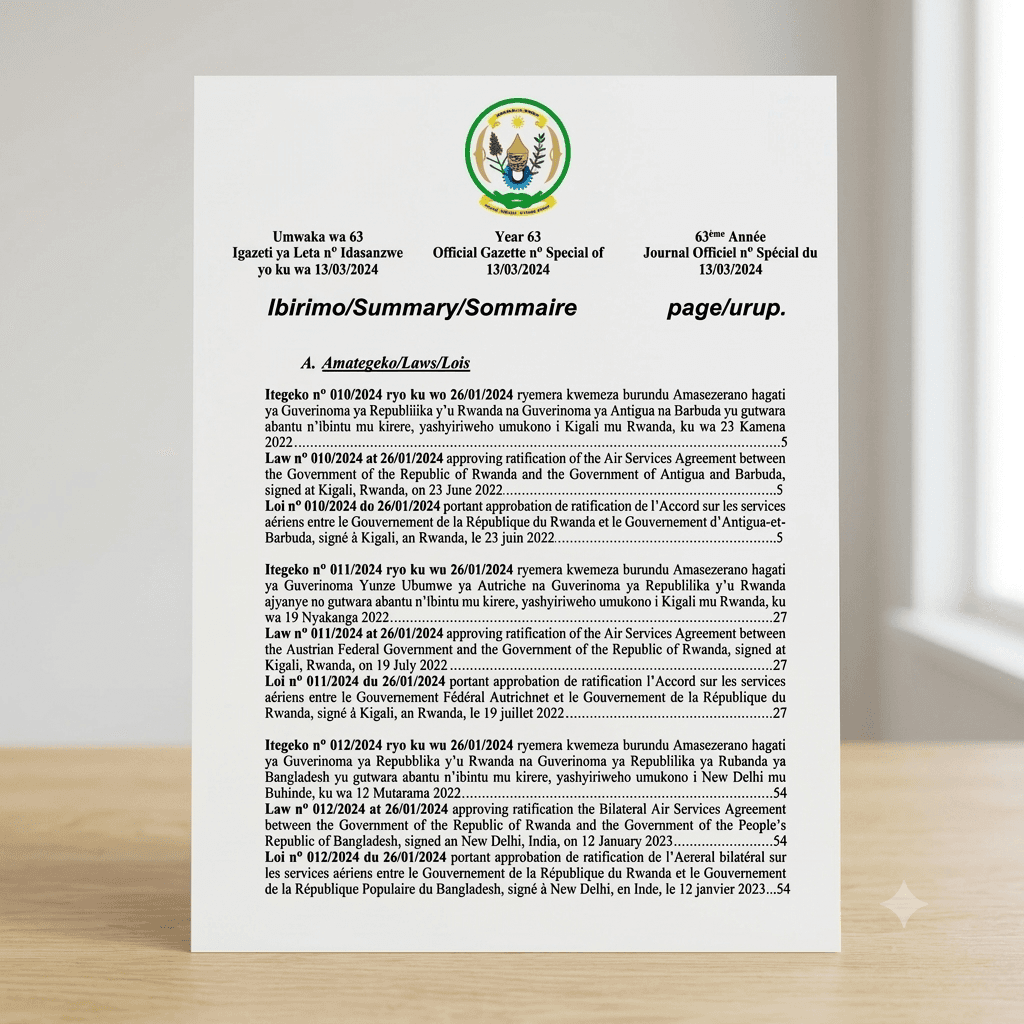 Rwanda Presidential Order No. 009/01 of 26 January 2024 Ratifying the Air Services Agreement between Colombia and Rwanda