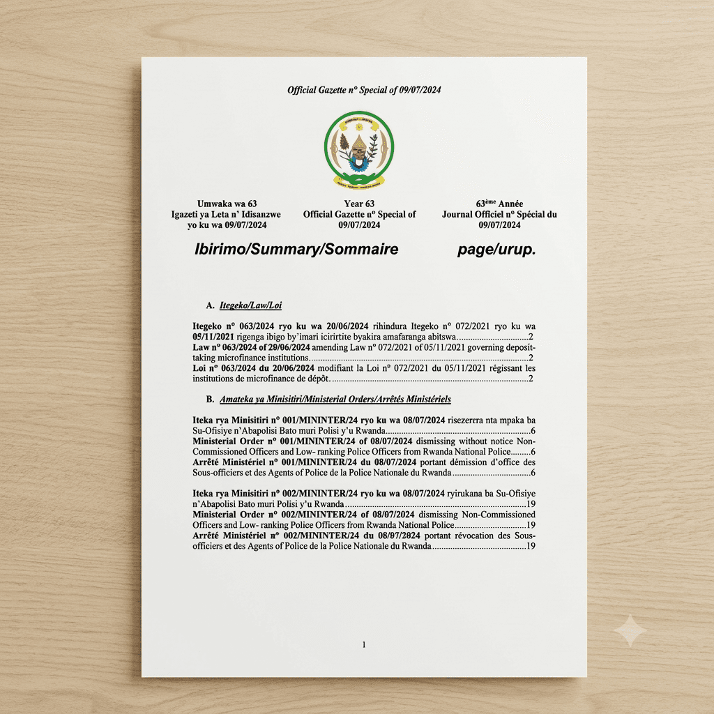 Rwanda Law No. 063/2024 of 20 June 2024 Amending Law No. 072/2021 of 5 November 2021 Governing Deposit-Taking Microfinance Institutions