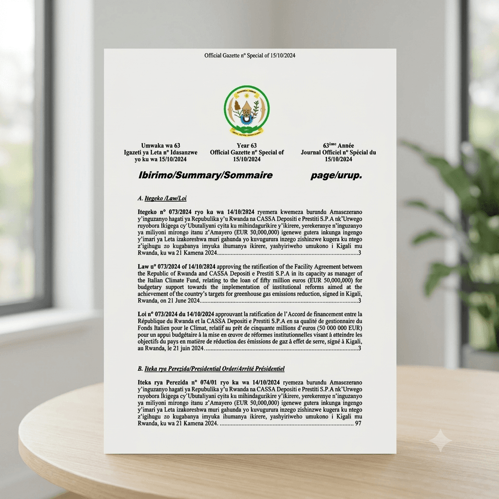 Rwanda Law No. 073/2024 of 14 October 2024 Approving Ratification of the EUR 50 Million Facility Agreement for Climate-Related Institutional Reforms