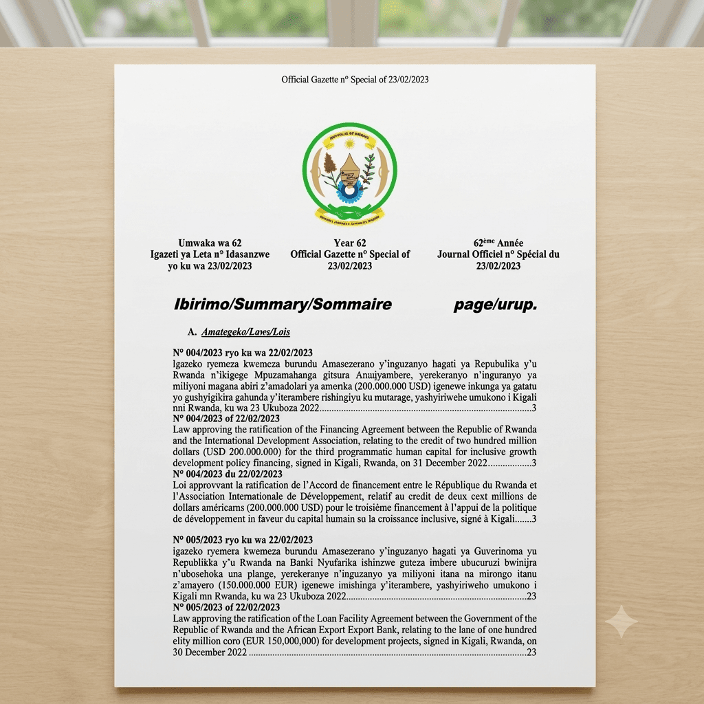 Rwanda Law No. 070/2024 of 26 June 2024 Approving Ratification of the Financing Agreement for the Rwanda Health Emergency Preparedness, Response and Resilience Project