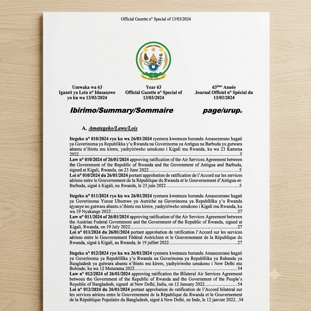 Rwanda Presidential Order No. 005/01 of 26 January 2024 Ratifying the Air Services Agreement between Rwanda and Antigua and Barbuda