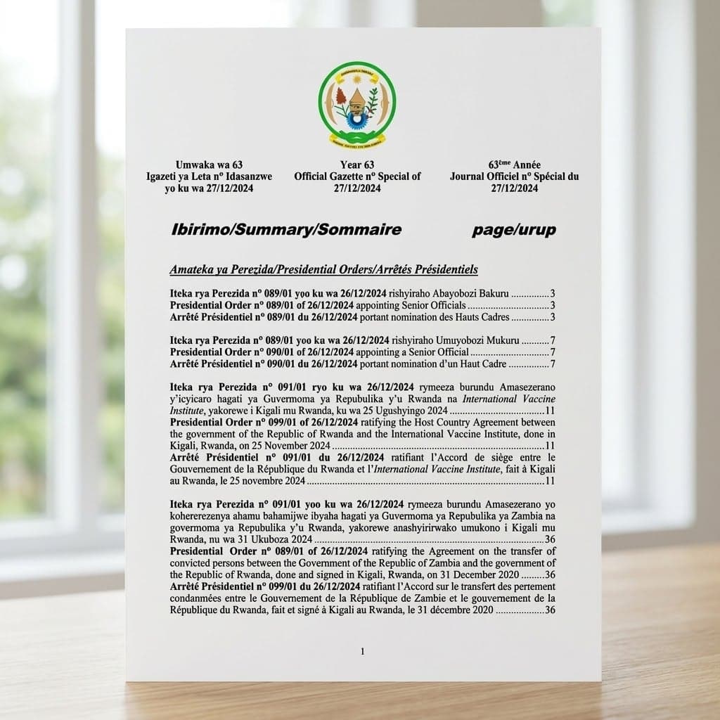 Rwanda Presidential Order No. 091/01 of 26 December 2024 Ratifying the Host Country Agreement with the International Vaccine Institute