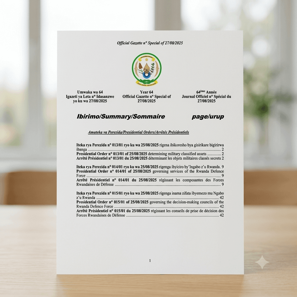 Rwanda Presidential Order No. 013/01 of 25 August 2025 Determining Military Classified Assets