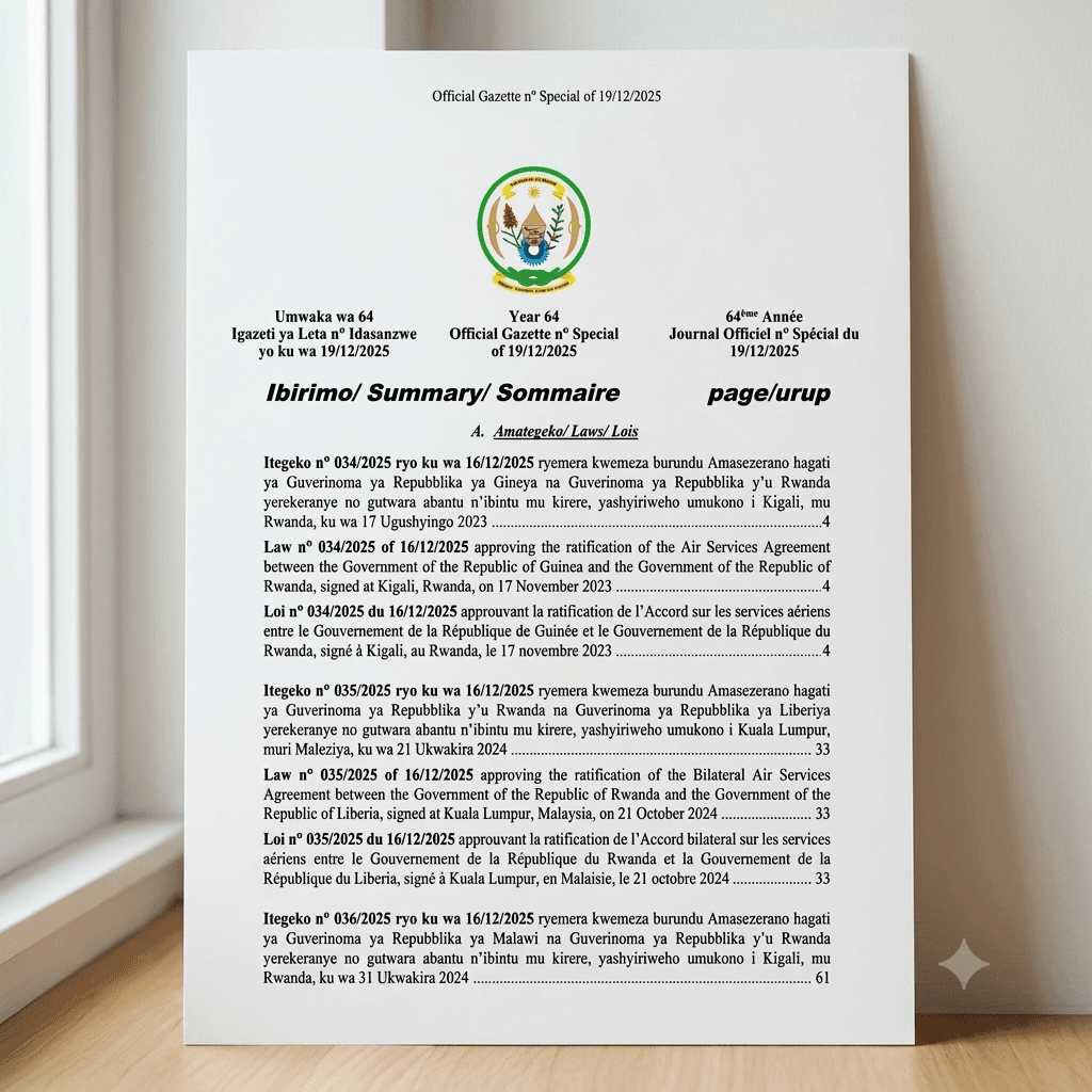 Law No. 034/2025 Approving Rwanda–Guinea Air Services Agreement