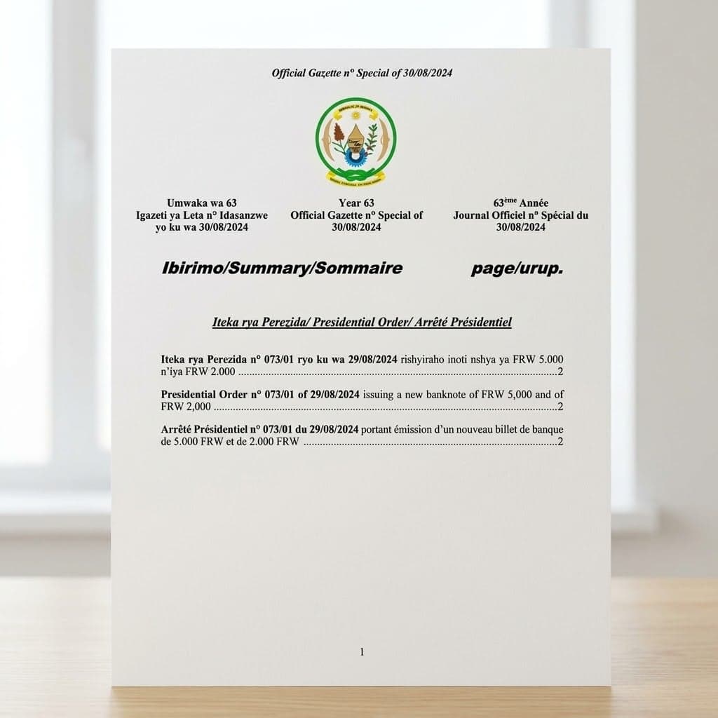 Rwanda Presidential Order No. 073/01 of 29 August 2024 Issuing New FRW 5,000 and FRW 2,000 Banknotes