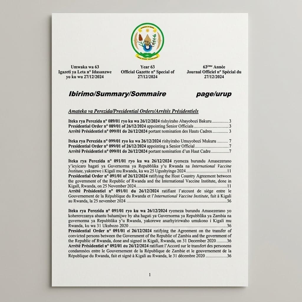Rwanda Presidential Order No. 092/01 of 26 December 2024 Ratifying Agreement on Transfer of Convicted Persons with Zambia