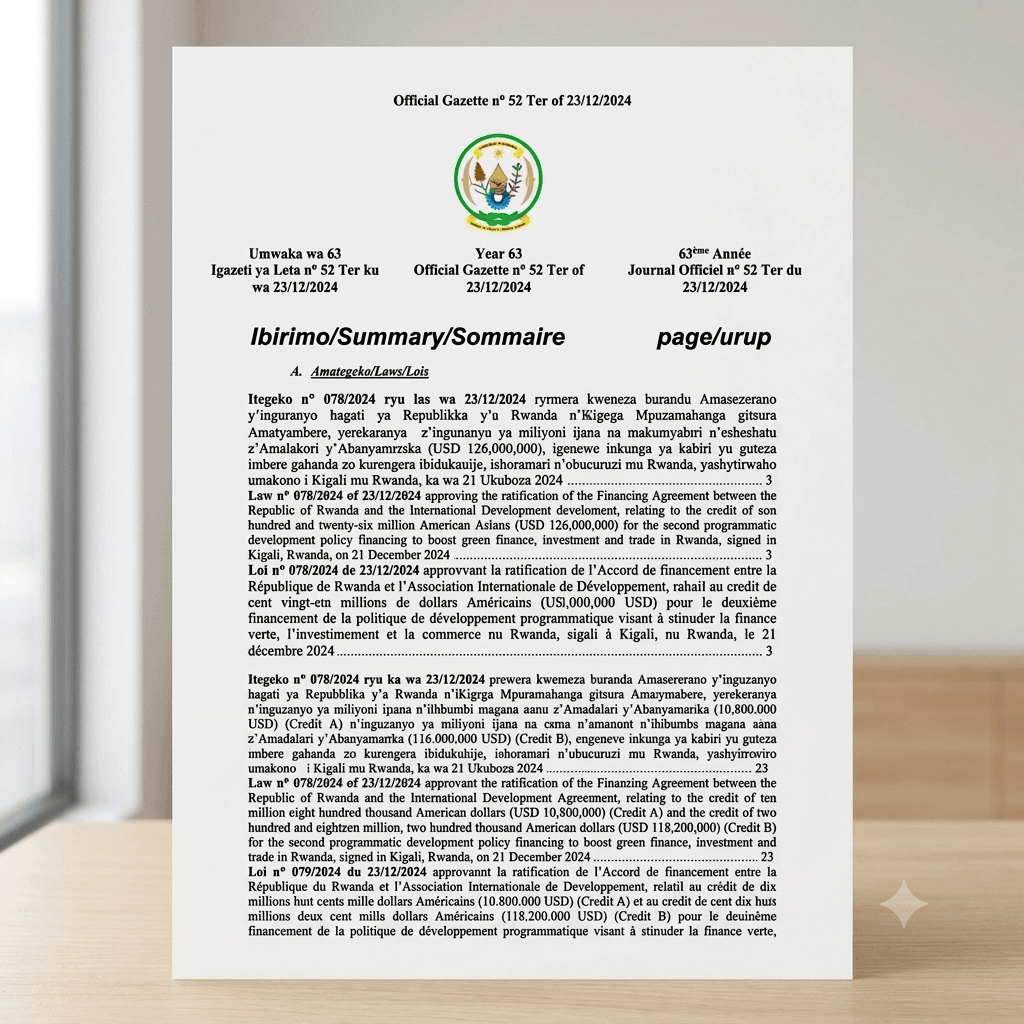 Rwanda Law No. 078/2024 of 23 December 2024 Approving Ratification of the Financing Agreement for Green Finance, Investment and Trade
