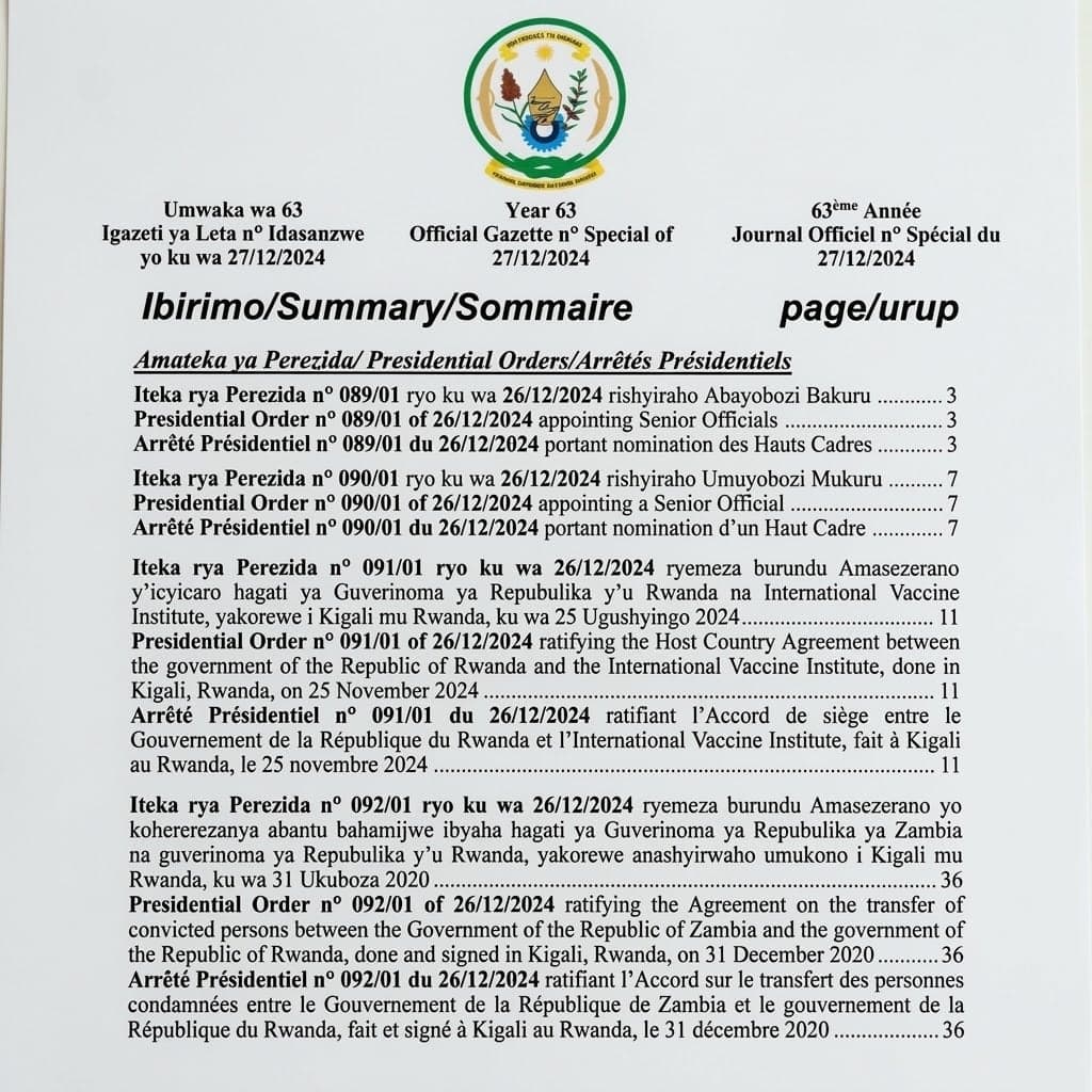 Rwanda Presidential Order No. 089/01 of 26 December 2024 Appointing Senior Officials