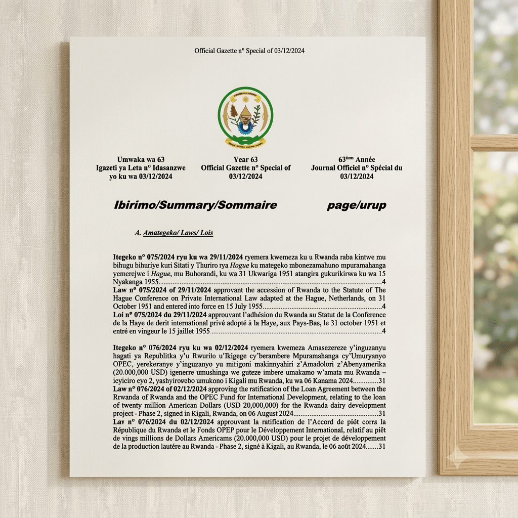 Rwanda Law No. 077/2024 of 2 December 2024 Approving Ratification of the Financing Agreement for the Priority Skills for Growth and Youth Empowerment Program