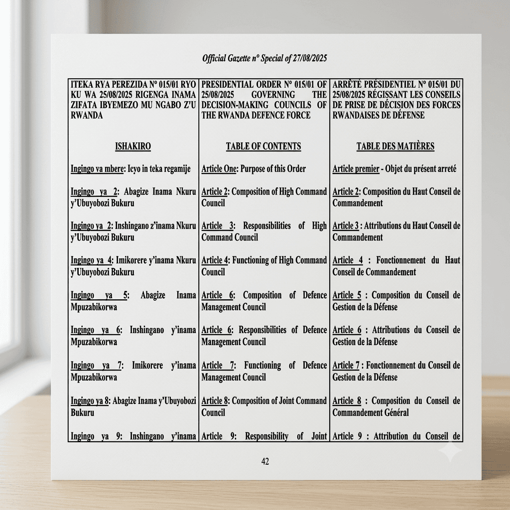 Rwanda Presidential Order No. 015/01 of 25 August 2025 Governing the Decision-Making Councils of the Rwanda Defence Force