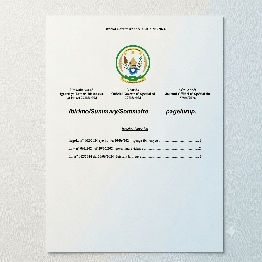 Rwanda Law No. 062/2024 of 20 June 2024 Governing Evidence