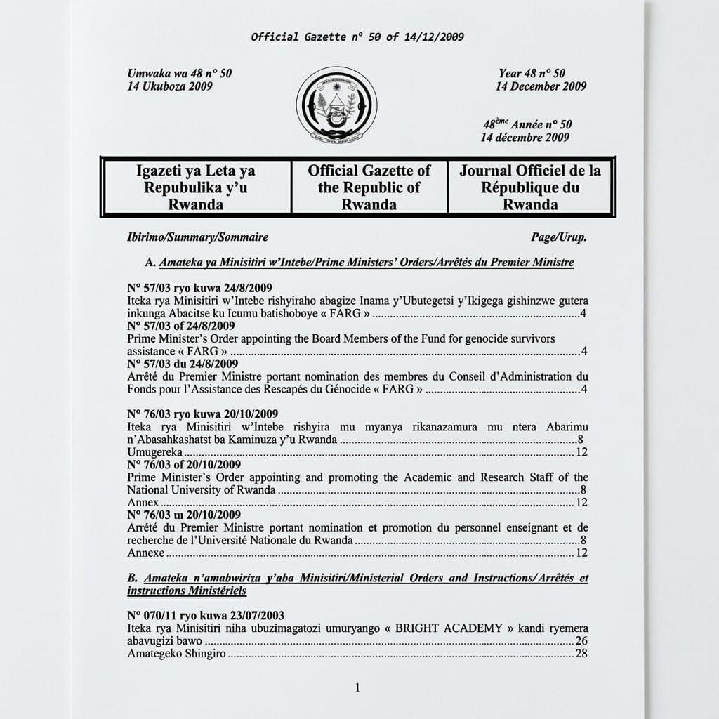 Ministerial Order No. 959/05 Granting Legal Personality to the Episcopal Church in Rwanda, Shyira Diocese