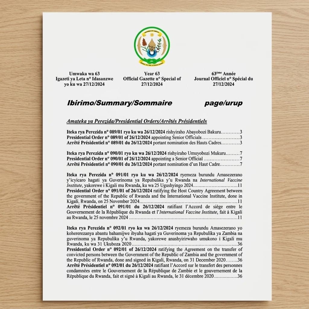 Rwanda Presidential Order No. 093/01 of 26 December 2024 Ratifying Agreement on Transfer of Convicted Persons with Angola