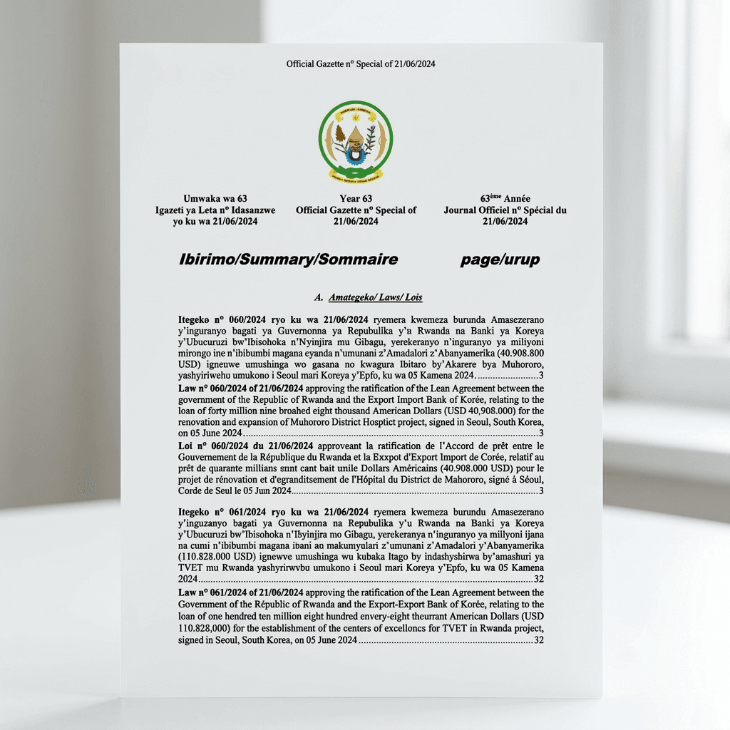 Rwanda Law No. 068/2024 of 26 June 2024 Approving Ratification of the Loan Agreement for the Muhanga–Rubengera Road Project