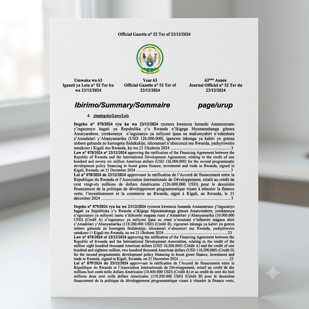 Rwanda Law No. 079/2024 of 23 December 2024 Approving Ratification of the Financing Agreement for Green Finance, Investment and Trade