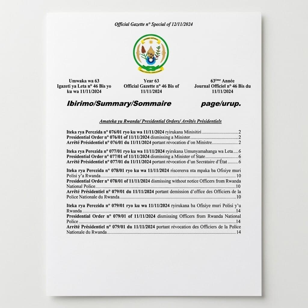Rwanda Presidential Order No. 076/01 of 11 November 2024 Dismissing a Minister