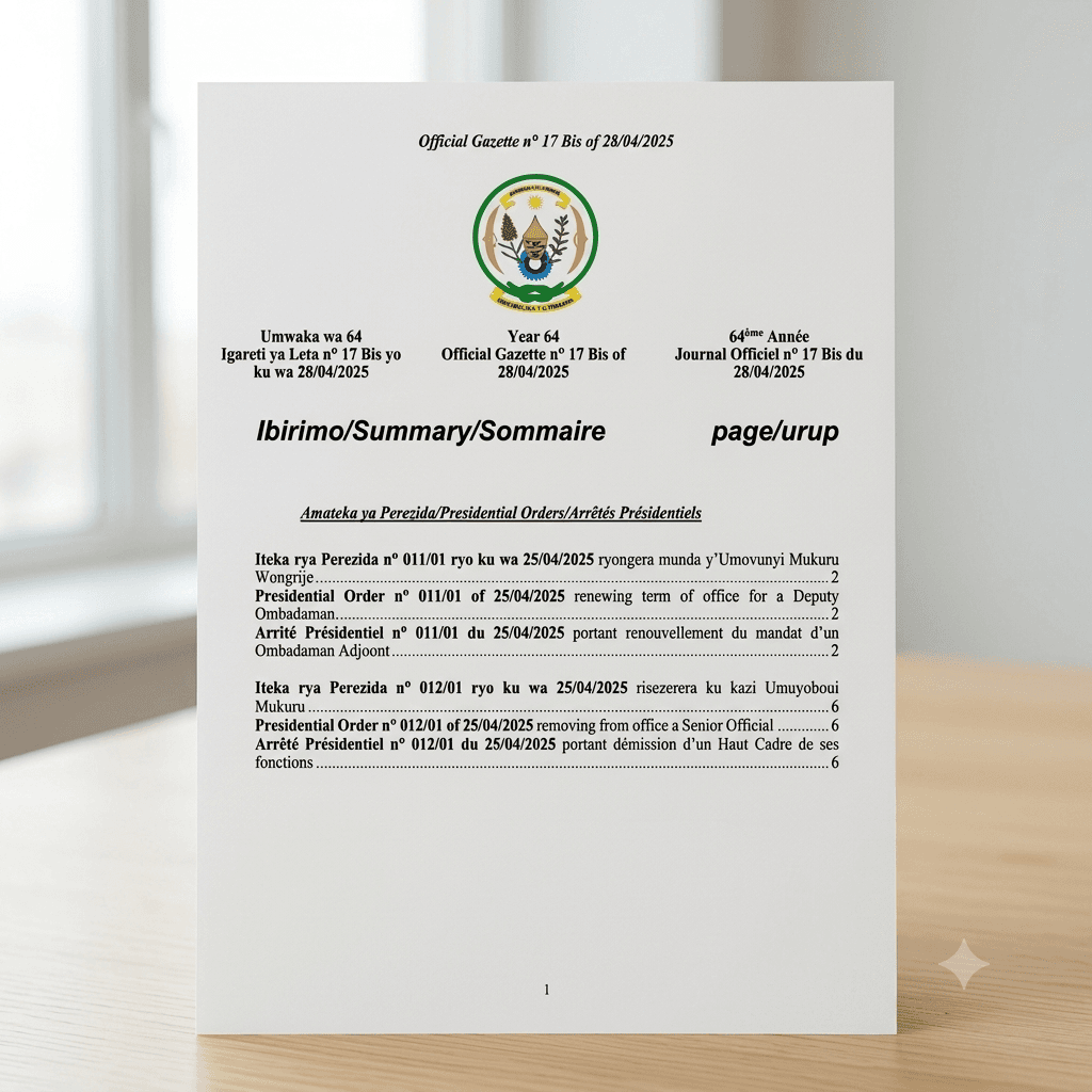 Rwanda Presidential Order No. 011/01 of 25 April 2025 Renewing the Term of Office for a Deputy Ombudsman