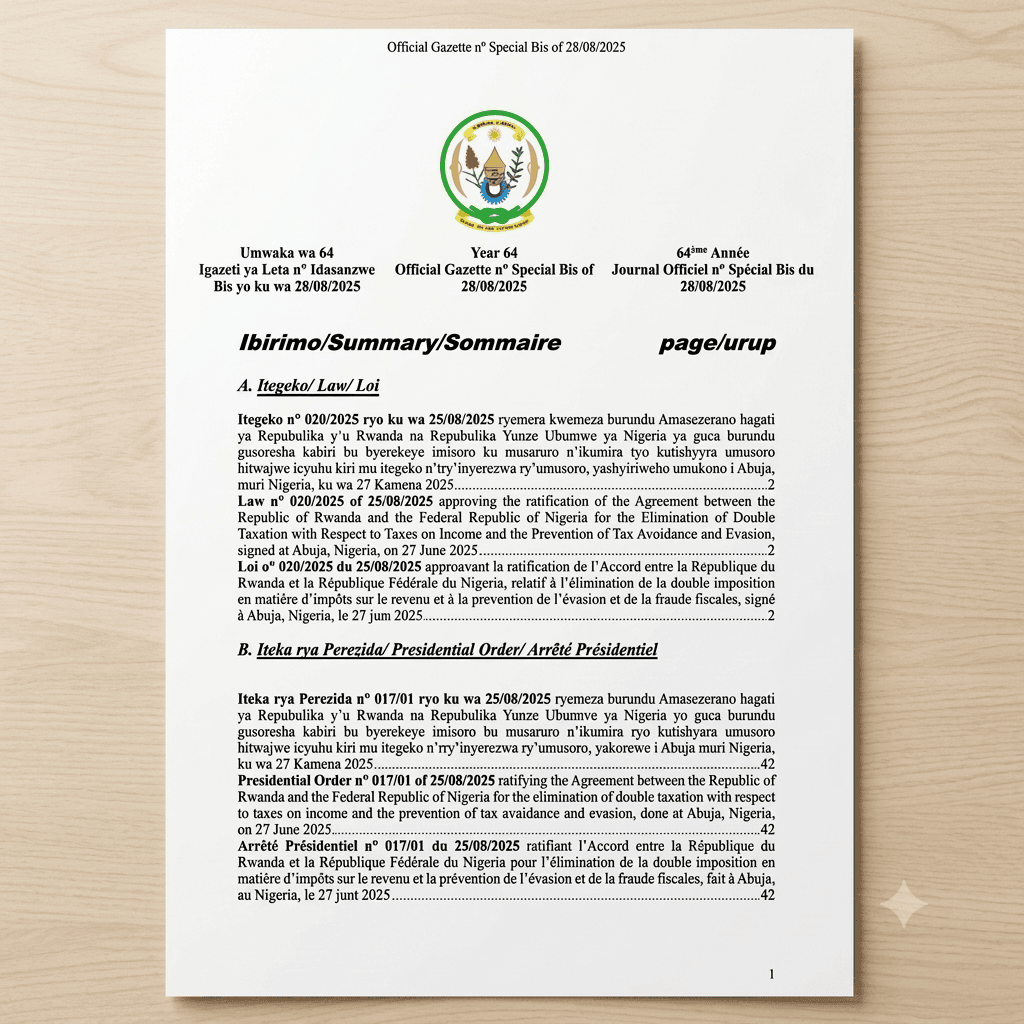 Rwanda Presidential Order No. 017/01 of 25 August 2025 on the Rwanda–Nigeria Double Taxation Agreement