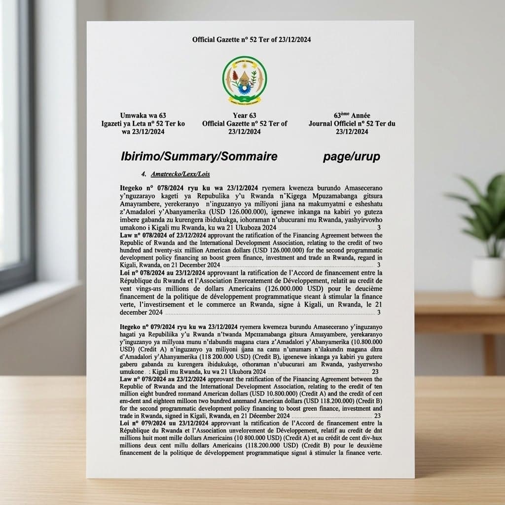 Rwanda Presidential Order No. 088/01 of 23 December 2024 Ratifying Financing Agreement for Green Finance, Investment and Trade