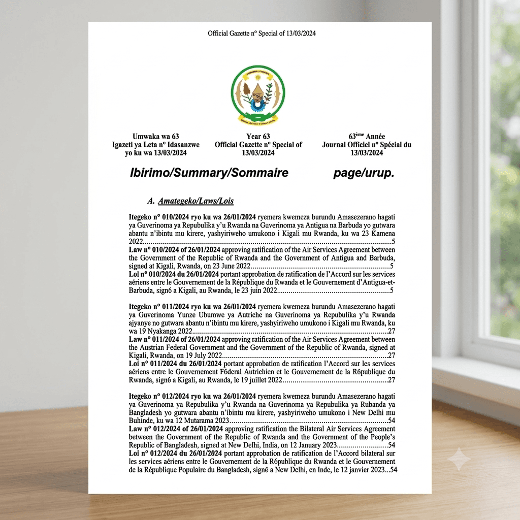 Rwanda Presidential Order No. 008/01 of 26 January 2024 Ratifying the Air Services Agreement between Barbados and Rwanda