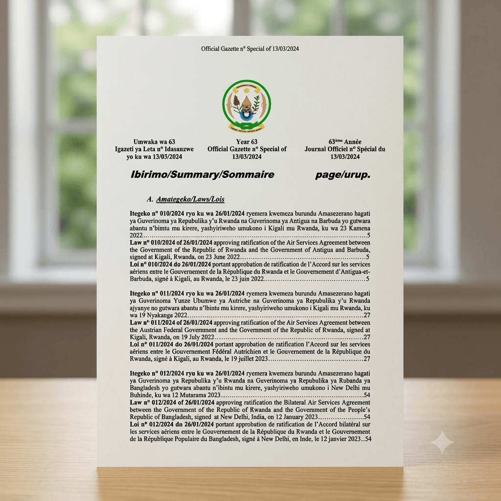Rwanda Presidential Order No. 012/01 of 26 January 2024 Ratifying the Bilateral Air Services Agreement between Rwanda and Guinea Bissau