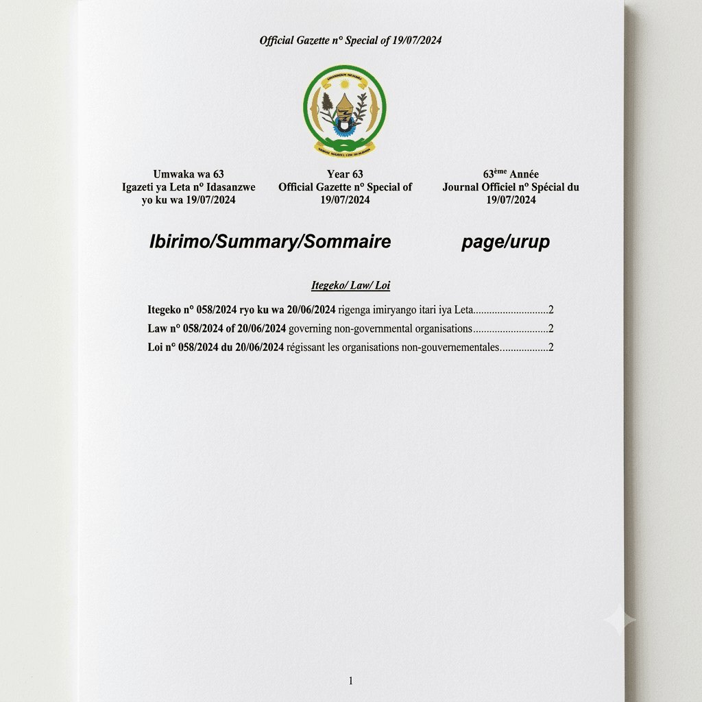 Rwanda Law No. 058/2024 of 20 June 2024 Governing Non-Governmental Organisations