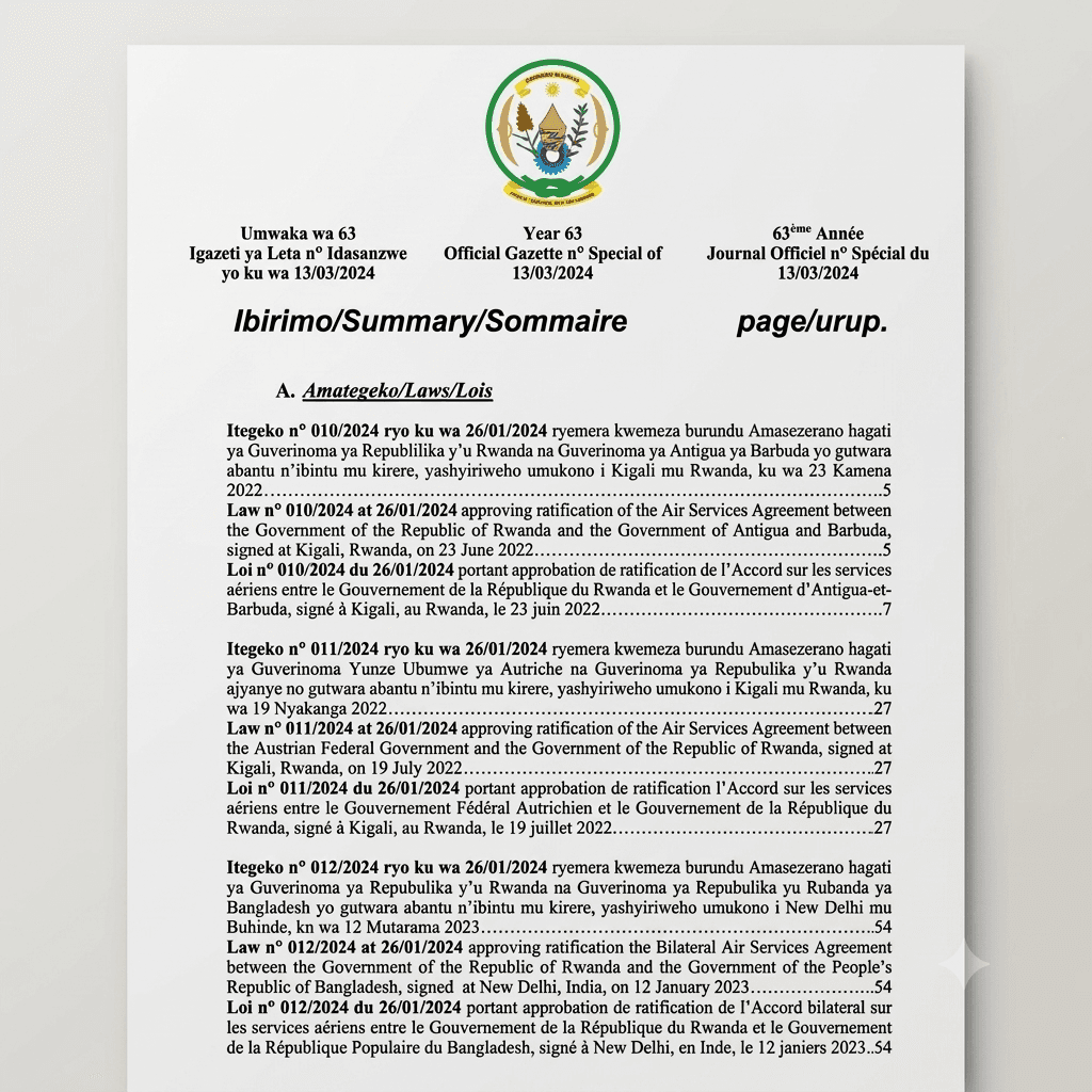 Rwanda Presidential Order No. 006/01 of 26 January 2024 Ratifying the Air Services Agreement between the Austrian Federal Government and the Government of the Republic of Rwanda