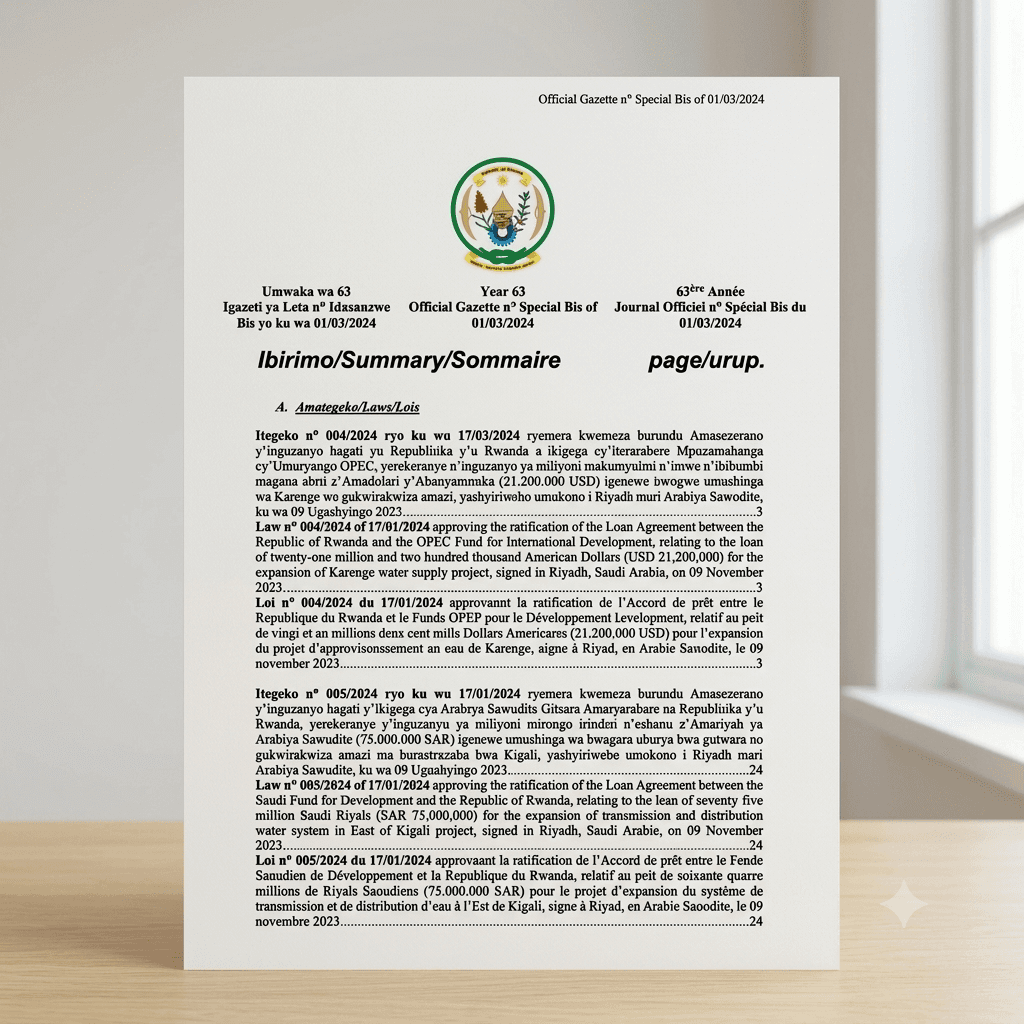 Rwanda Presidential Order No. 003/01 of 22 January 2024 Ratifying the Loan Agreement for the Expansion of the Karenge Water Supply Project