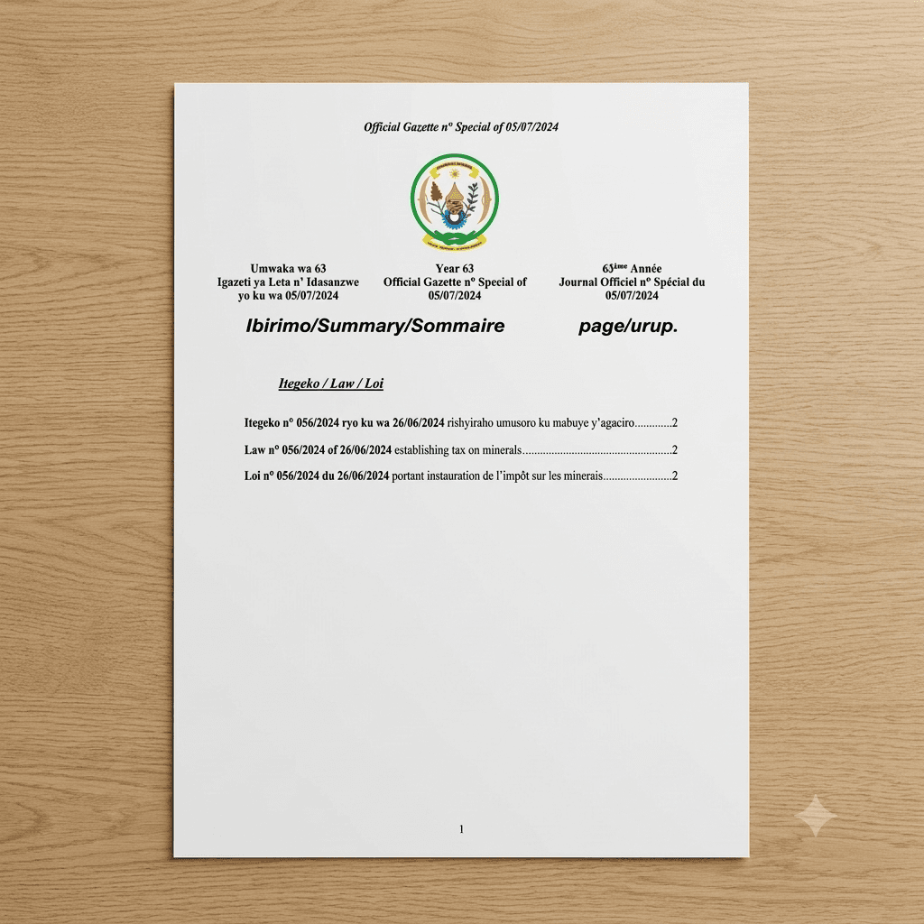 Rwanda Law No. 056/2024 of 26 June 2024 Establishing Tax on Minerals