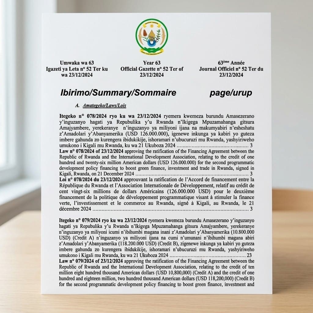 Rwanda Presidential Order No. 087/01 of 23 December 2024 Ratifying Financing Agreement for Green Finance, Investment and Trade